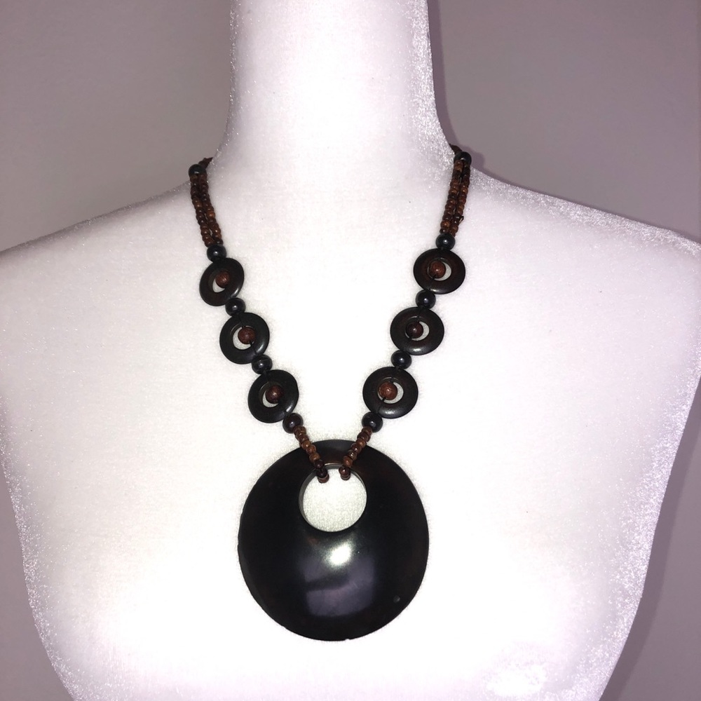 Boho ChunkyWood Look Pendant and Beaded Necklace